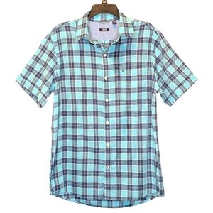 Izod Men's Aqua and Navy Plaid Button Down Shirt